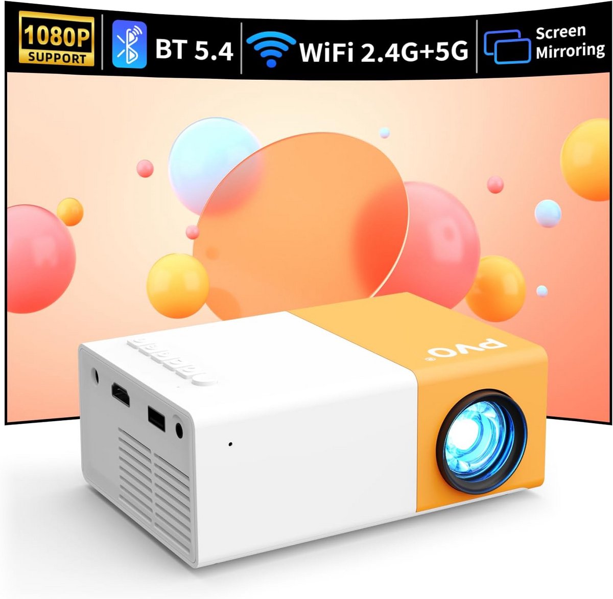 Mini Beamer - Draagbare projector - Thuisbioscoop creëren - Draadloze schermspiegeling - 14 x 9.5 x 5.3 cm - Oranje wit