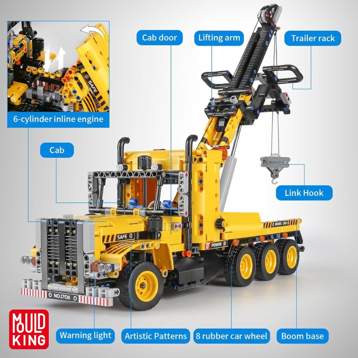 Mould king 17011 Technisch sleepwagen bouwset | Hijskraan auto modelbouw | Educatief constructie speelgoed bouwpakketten voor kinderen & volwassenen | Geschikt voor Lego technic | Bouwdoos met 1277 bouwstenen — afbeelding 7