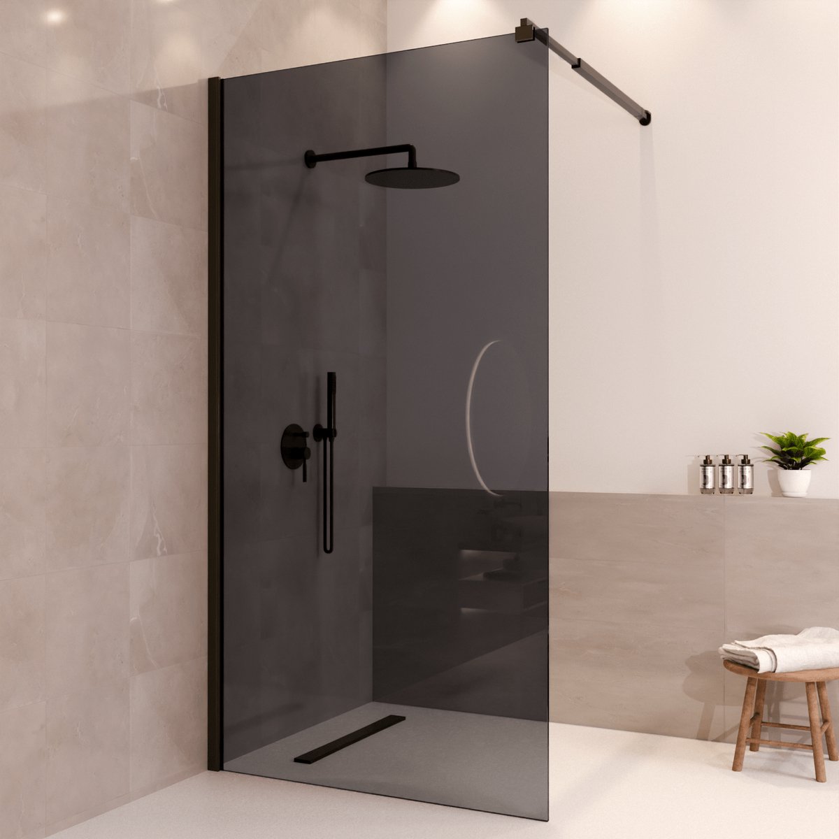 Lomazoo Douchewand Lima - 100x200 Cm - Inloopdouche Zwart - 8 Mm Rookglas - Nano Coating Anti Kalk