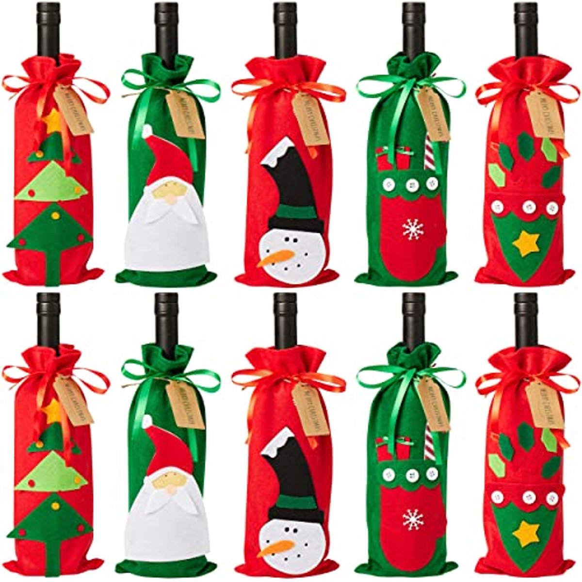 Wijnfleshoezen Kerst - Flesdecoratie Sets - Cadeaus Presenteren - Duurzaam Vilt Materiaal - 10 Stuks - Rood en Groen