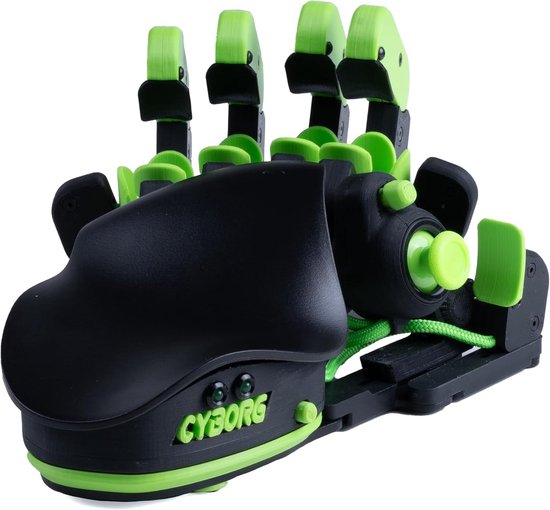 Zwarte en groene cyberhand met 5 vingers, voor computergebruik.