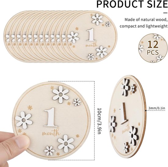 12x Houten Maandkaarten Baby 1-12 Maanden - Dubbelzijdig en 3D Bloemen — afbeelding 3