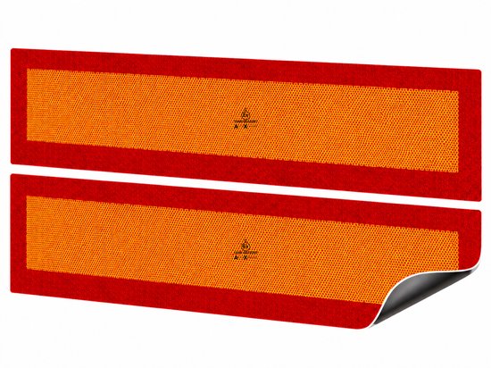 Deux marqueurs rectangulaires réfléchissants avec un motif nid d'abeille orange et une bordure rouge.