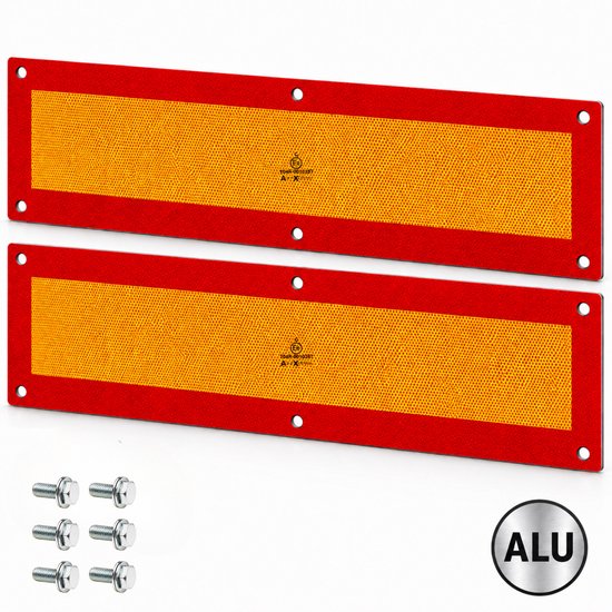 Deux panneaux réfléchissants orange avec bordure rouge, avec 6 vis. Aluminium.