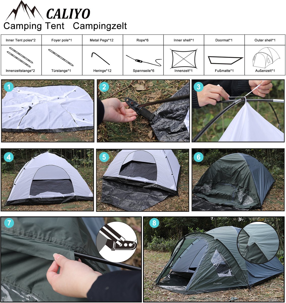 CALIYO camping tent - 3-4 Person - 310x240x130cm - Waterdicht 3000 mm - Koepeltent met verduistering - snel opzetten - voor Outdoor Kampeer – foto 7
