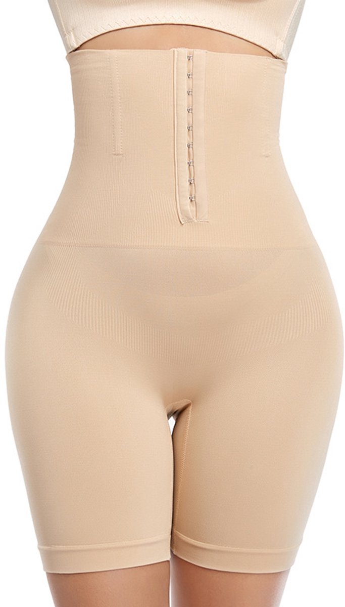 Corrigerende shorts voor na de bevalling - hoge taille, knoopsluiting aan de voorkant, effectieve buikcorrectie, taille- en heupliftende naadloze shapewear voor dames - Beige - maten M/L (45-57 kg)