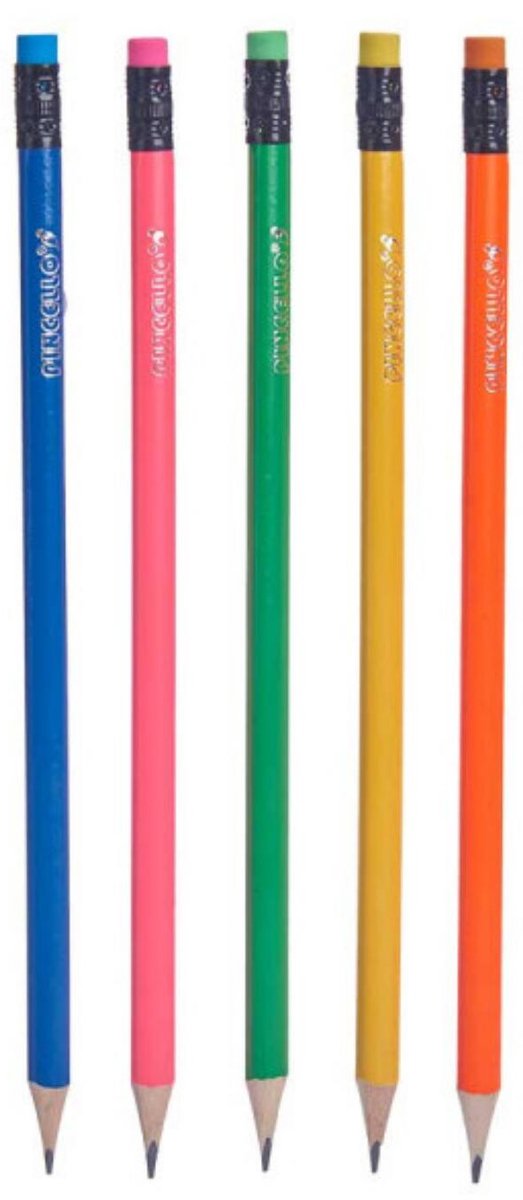 Pincello Teken potloden - 5x - multi colours - grijze punt - met end gummetje - schrijfbenodigdheden