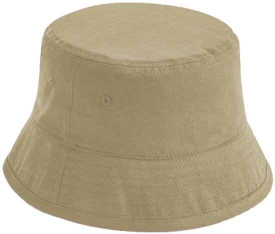 Lichtbruine katoenen bucket hat met een rond bovenstuk en een brede rand. De hoed heeft stiksels rond de rand en twee kleine oogjes aan de zijkanten.