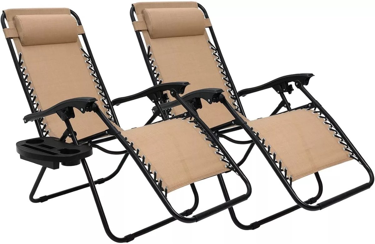 jently buitenstoel - ligstoel - klapstoel - opvouwbare buitenstoel - met armleuning en bekerhouder - 2 stuks - beige