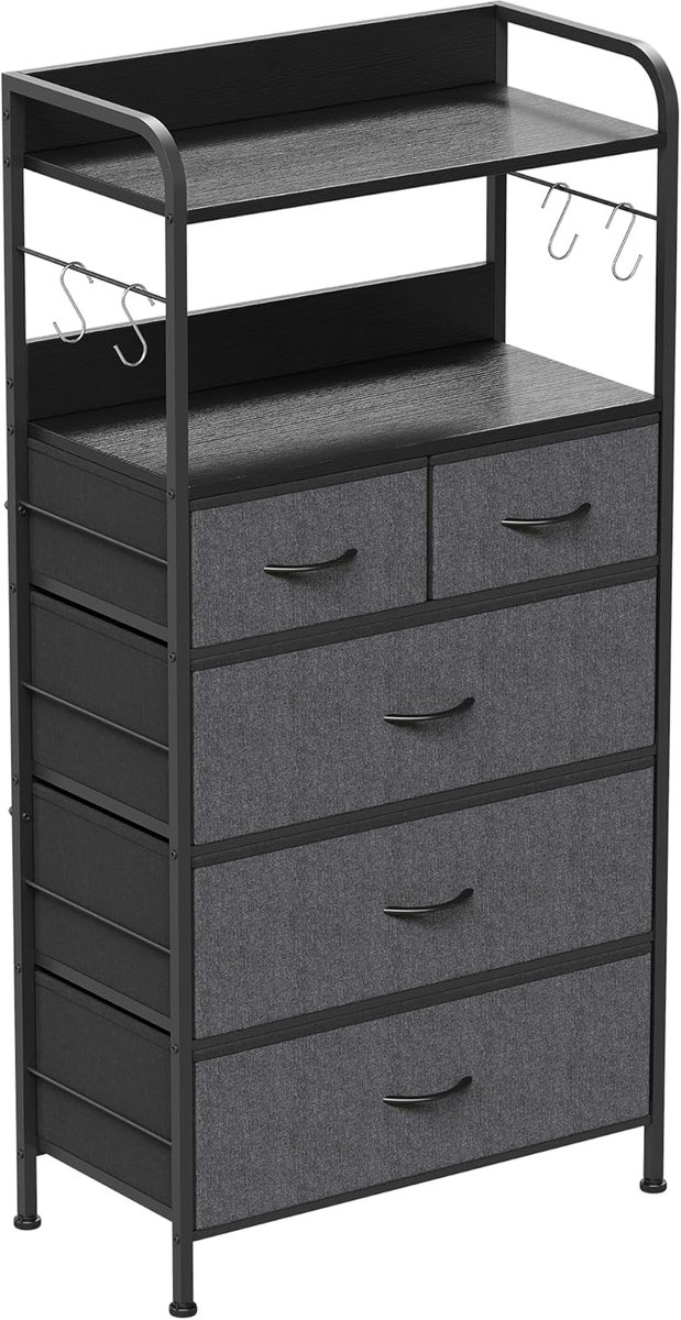 Hoge Ladekast met 5 Stoffen Laden en Open Planken - Commode met 4 Haken - Opbergkast voor Slaapkamer en Woonkamer - 60 x 30 x 120 cm