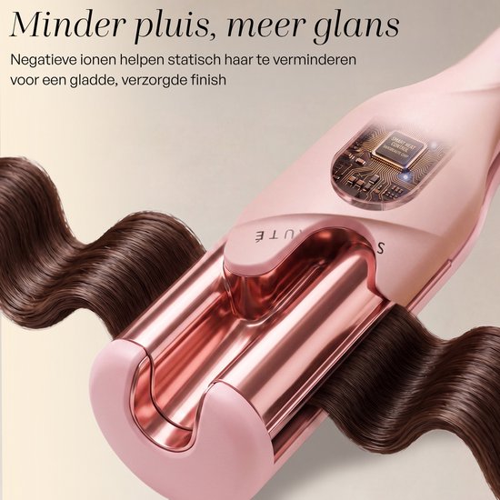 Roze Sansbeauté haarstyler met wafelplaten omringd door donkerbruin haar.