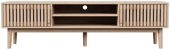 Houten tv-meubel met lamellen deuren en open vakken.