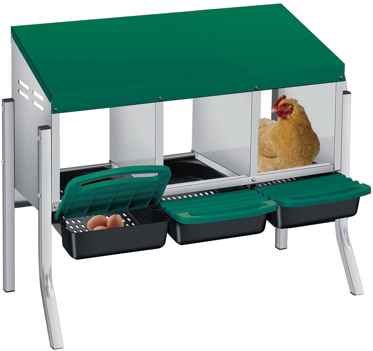 Kippenlegnest - Nistkast voor Kippen - Voor Buiten en Pluimvee - 79,5x30x69,5cm - 3 Afdelingen - Vrijstaand met Poten - Groen
