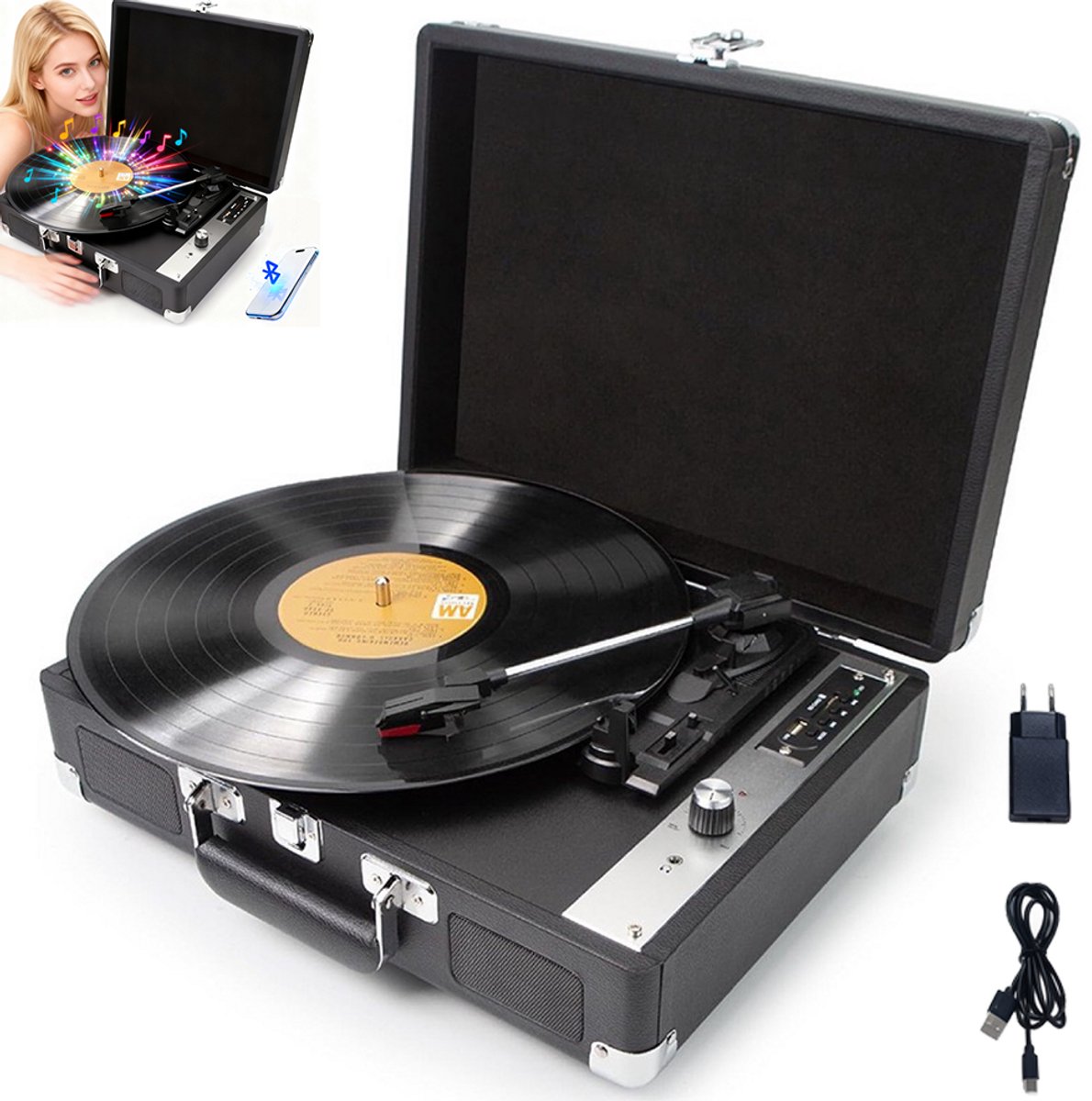 Retro platenspeler – Draagbare Bluetooth platenspeler – Platenspeler cadeau – Decoratieve draagbare platenspeler met luidspreker – Europese standaardstekker – CYP-601 – MDF – Kunstleer – Zwart