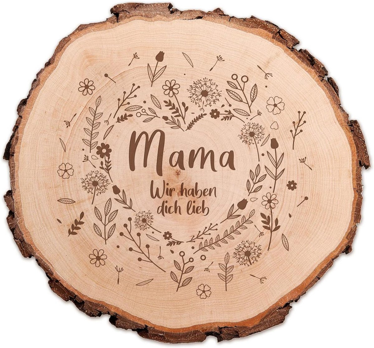 Houten Schijf - Boomstam Schijf - Cadeau voor Mama - Bloemenhart Gravure - 18 cm Diameter