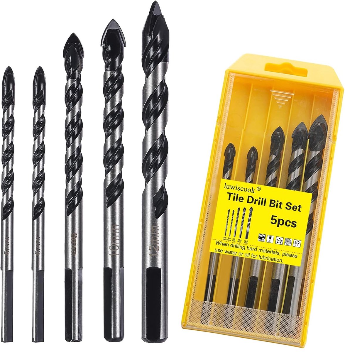 Tegelboor Set - Universele Boren - Materiaal Boren - Hardmetalen Kop - 5 Stuks 6-12mm - Zilver Zwart