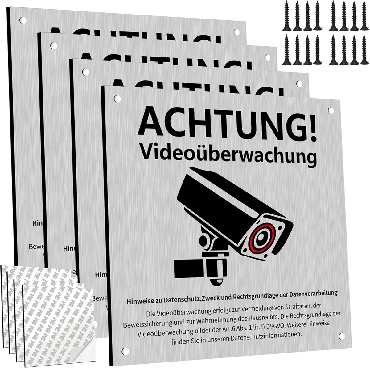 Veiligheidsborden - Camerabewaking - Perceel Beveiligen - DSGVO Notitie - 15x15 cm - Zilver