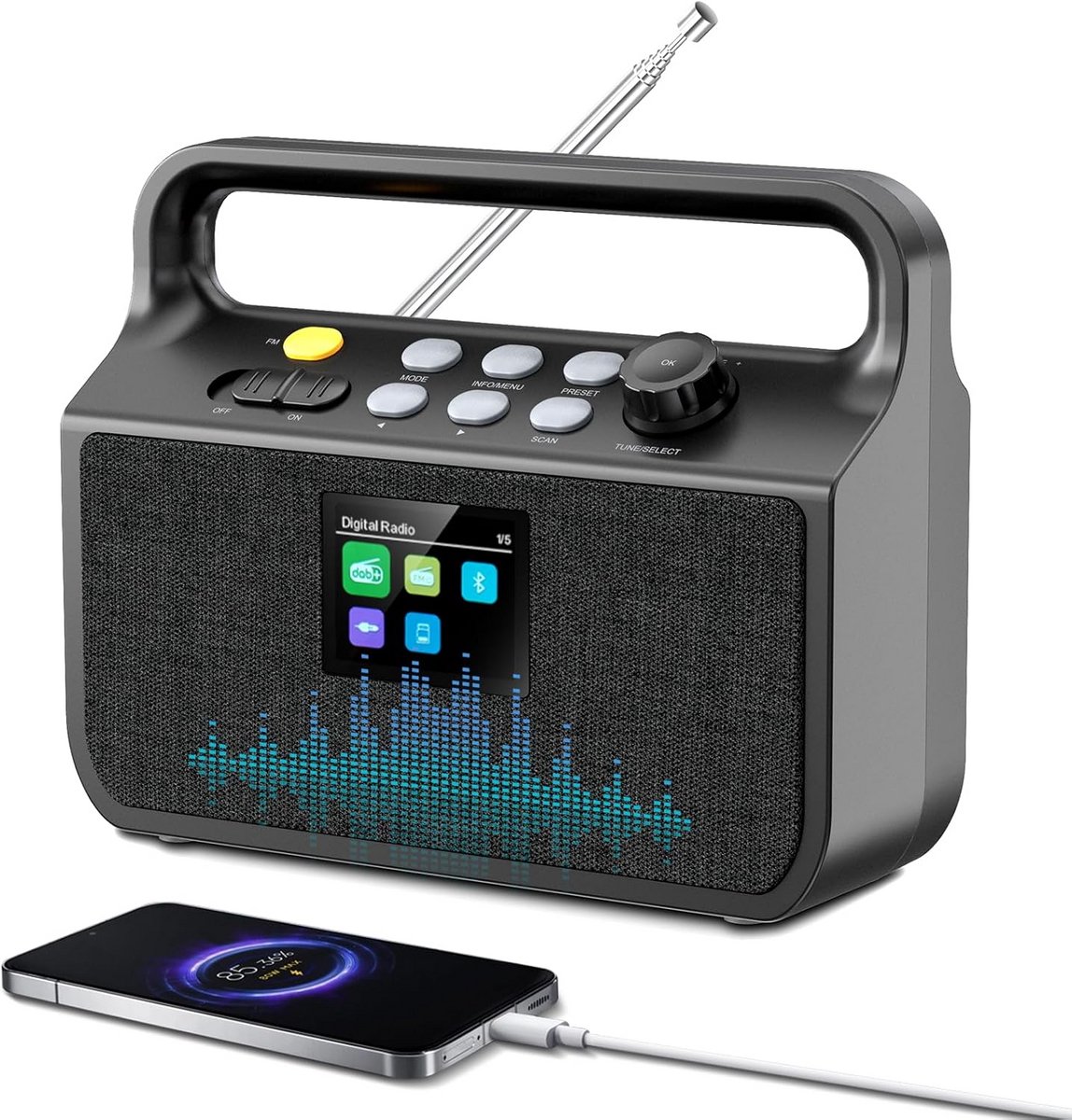 Draagbare DAB radio - Digitale Keukenradio - Muziek Luisteren - Met Bluetooth - 17 cm - Zwart