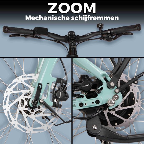 SAXXX Urbana elektrische stadsfiets - 28 inch –250W achterwielmotor–417Wh uitneembare lithiumaccu –tot 90 km actieradius –95% voorgemonteerd –Shimano 7 versnellingen –TEKTRO hydraulische schijfremmen– lage instap aluminium frame– glanzend licht cyaan van Saxxx — afbeelding 5
