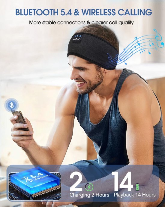 Slaap Koptelefoon - Bluetooth Hoofdband - Comfortabel Slapen - Platte Speakers - 14 Uur Speeltijd - Zwart — afbeelding 3