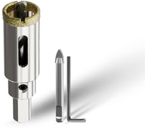 Zilverkleurige diamant-gatenboor van 18 mm met meegeleverde centreerboor en inbussleutel.