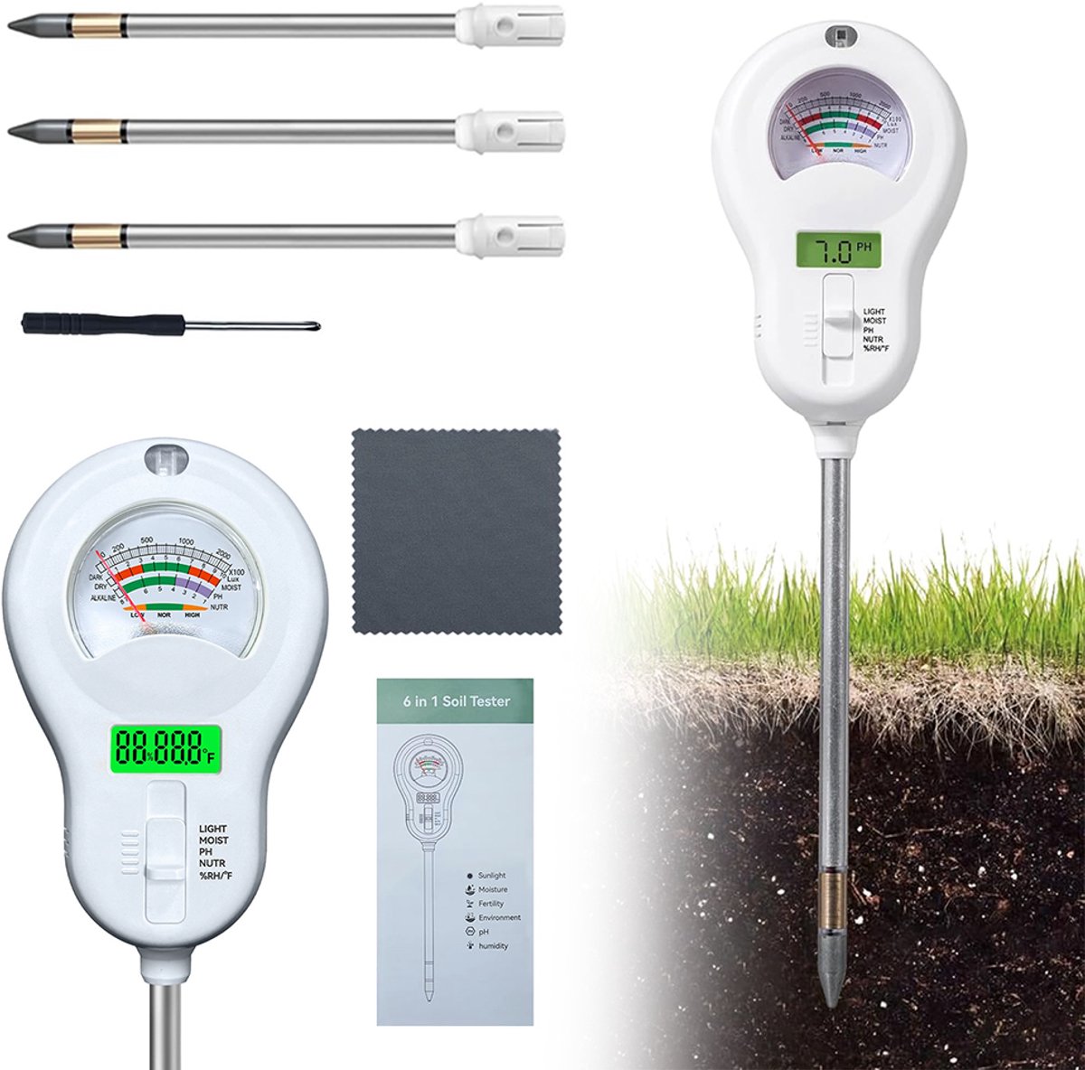 Opvouwbare 6-in-1 bodemtester - Vochtmeter voor plantengrond — Vochtmeter voor tuinbouw- en landbouwgrond — Batterijloos — Bodem-pH-meter — CE-gecertificeerd