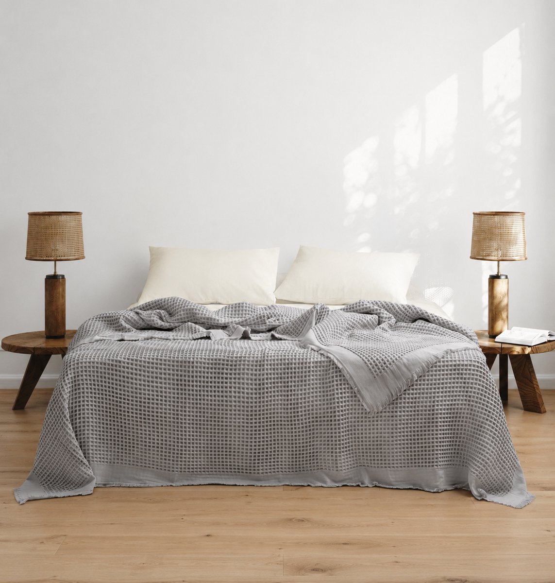 L&G - %100 Katoen Bedsprei 220 x 240 cm – Wafel Sprei - Plaid – quilt - WafelDeken - 2-Persoons Bedsprei - Optimus Grijs