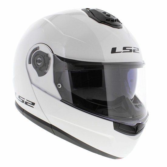 Casque modulable blanc LS2, vue de côté. Visière teintée, logos LS2 noirs.