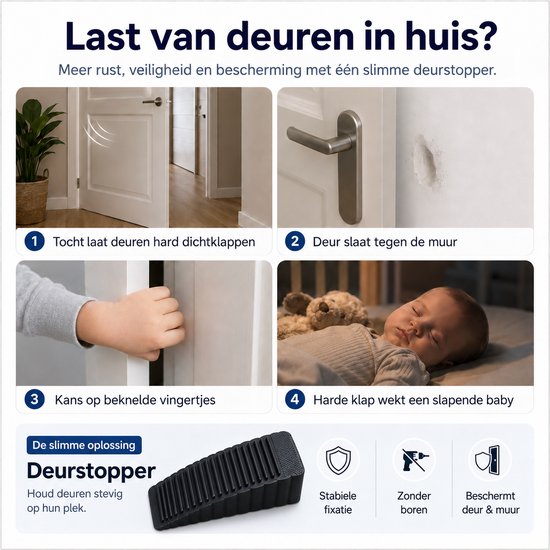 MOSAZIN Deurstopper Set van 2 - Antislip Deurwig met Houder - Zwart