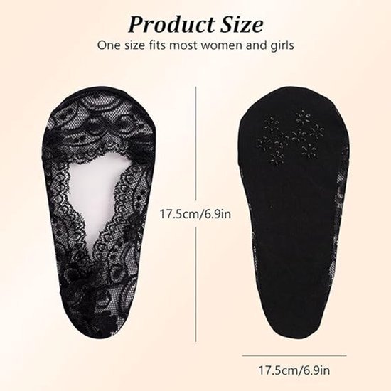 Zwarte kanten no-show sokken, voorkant en achterkant, met afmetingen 17,5cm / 6,9 inch. Productmaat: one size fits most.