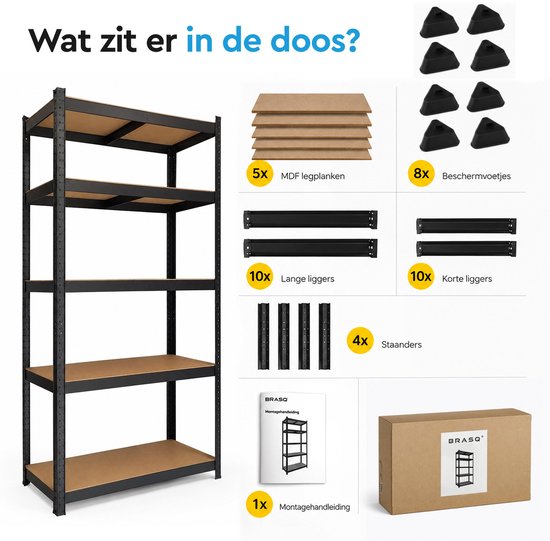 Inhoud van de doos: stellingkast, 5 MDF-legplanken, 8 beschermvoetjes, 10 lange liggers, 10 korte liggers, 4 staanders en montagehandleiding.