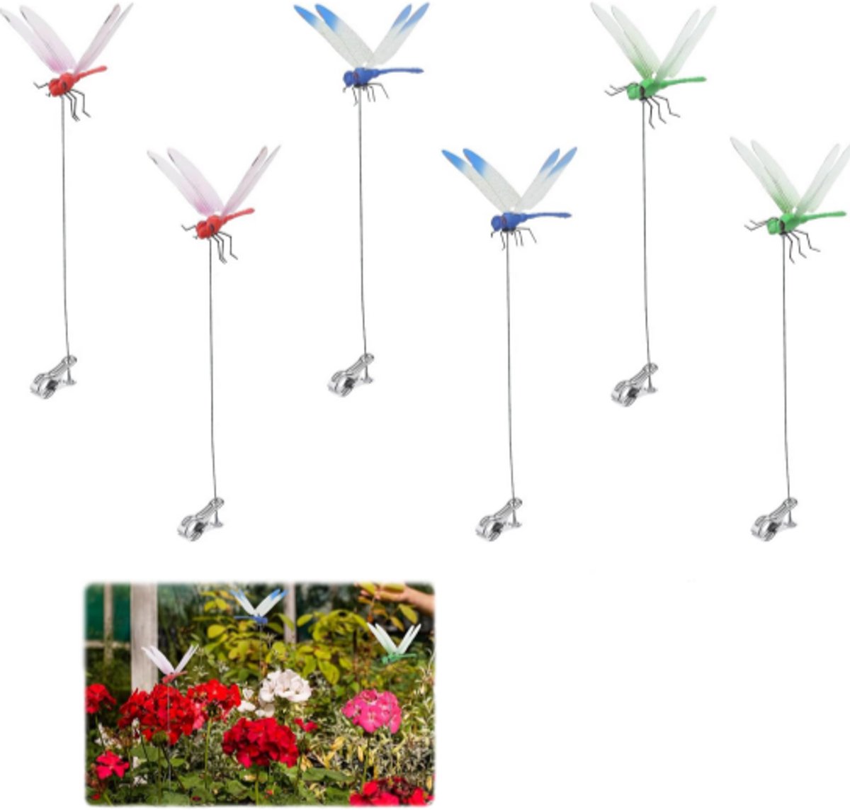 Hoedclips in de vorm van een libelle - 3D decoratieve clips - Tuindecoratie - Geschikt voor buiten, terrassen en bloempotten - Set van 6 - Rood/Blauw/Groen