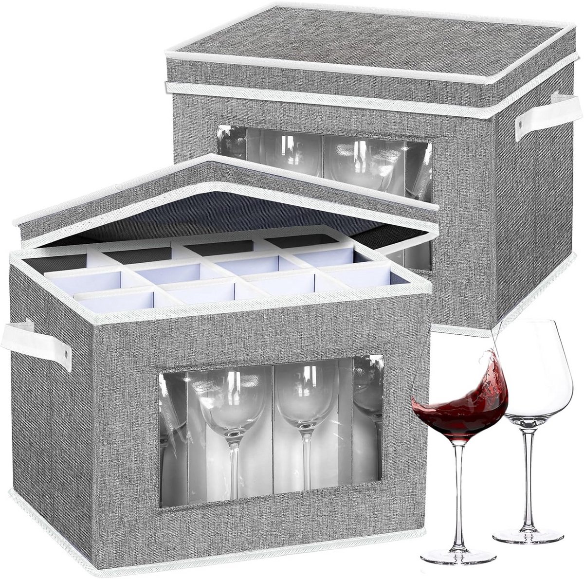 Glaswerk Opbergkoffers - Wijnglas Dozen - Veilig Verhuizen - Met Verdelers - 24 Compartimenten - Lichtgrijs