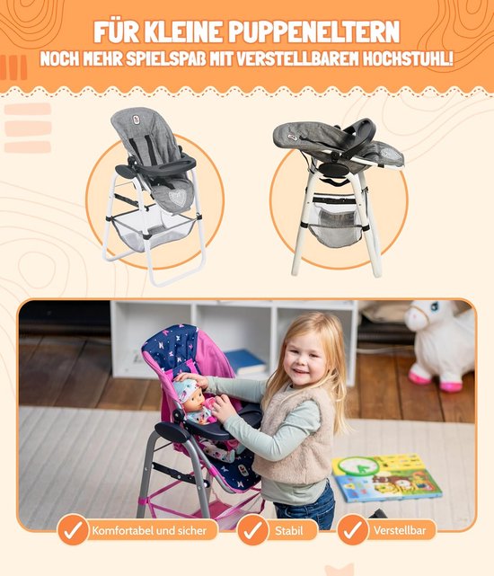Poppenstoel - Speelgoedstoel - Poppen verzorgen - Verstelbare rugleuning - 36 x 35 x 73 cm - Jeans Grijs — afbeelding 2