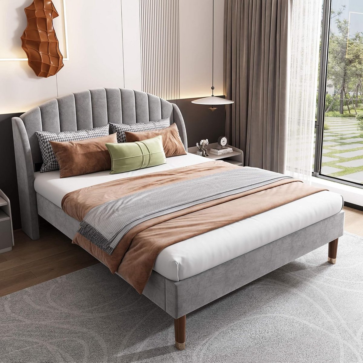 Gestoffeerd tweepersoonsbed - Bed met hoofdbord - Comfortabel slapen - Houten lattenbodem - 160 x 200 cm - Grijs