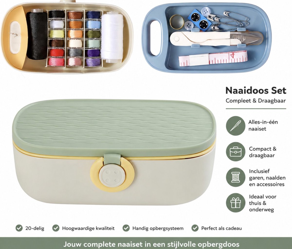 BSS® Naaidoos Opbergbox – Complete Draagbare Naaiset met Compartimenten en Naaibenodigdheden - Lichtgroen