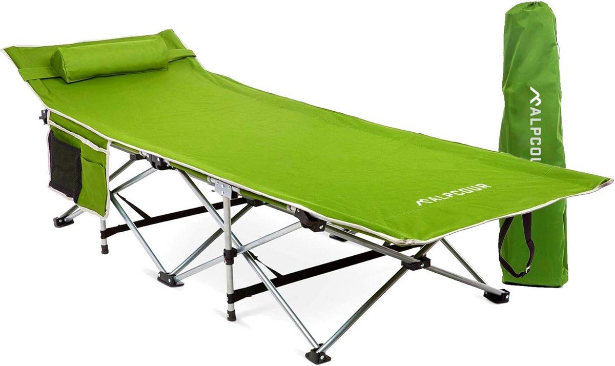 Opvouwbaar campingbedje - Klapbed logeren - Ontspannen buiten - Inclusief kussen - 196 x 68 cm - Legergroen