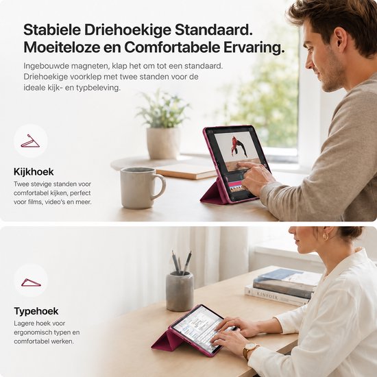 Homme utilisant un étui iPad rouge vif en mode support. Femme utilisant un étui iPad en mode frappe.