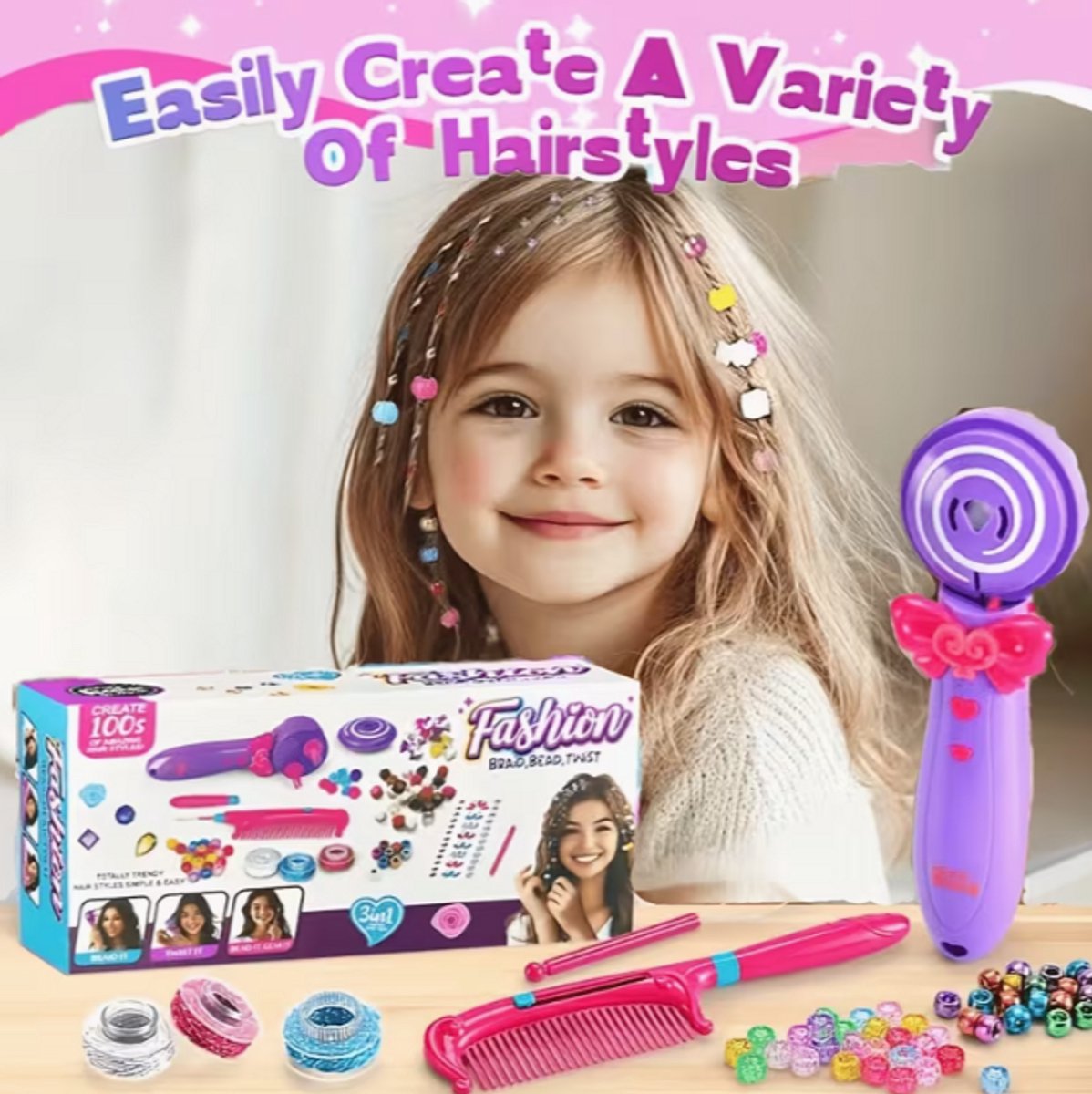 Automatische Haarvlecht Set voor Kinderen - Inclusief Kralen, Gekleurde Draad & Kam - Haarvlechtmachine - Creatieve Haarstyling Speelset - Cadeau voor Meisjes