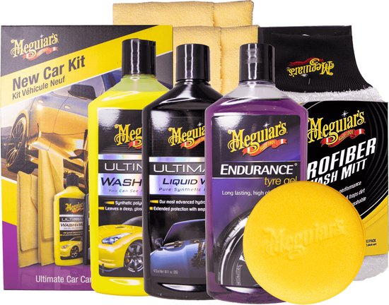Meguiar's Nieuwe Auto Kit met gele applicator, 3 flessen poetsmiddel, washandschoen en doeken.