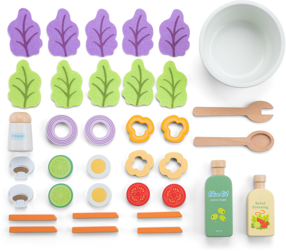 Woet® Houten Salade Set - "Maak Je Eigen Salade" Speelset met 30+ Accessoires - Rollenspel Speelgoedeten - Educatief Keukenspeelgoed - Vanaf 3 Jaar — afbeelding 4