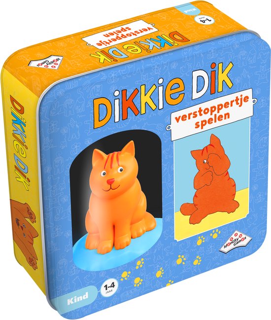 Een blik met het spel Dikkie Dik Verstoppertje, met een oranje kat op de voorkant.