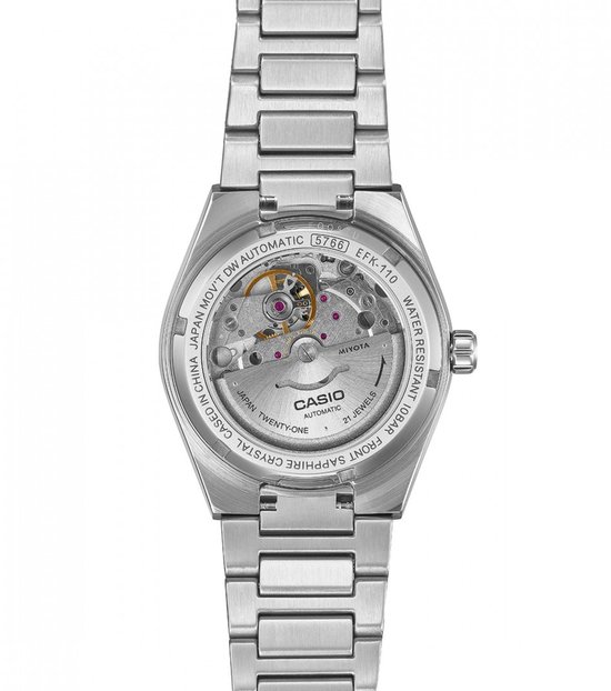 Achterkant van een zilverkleurig Edifice automatic horloge met zichtbaar uurwerk.