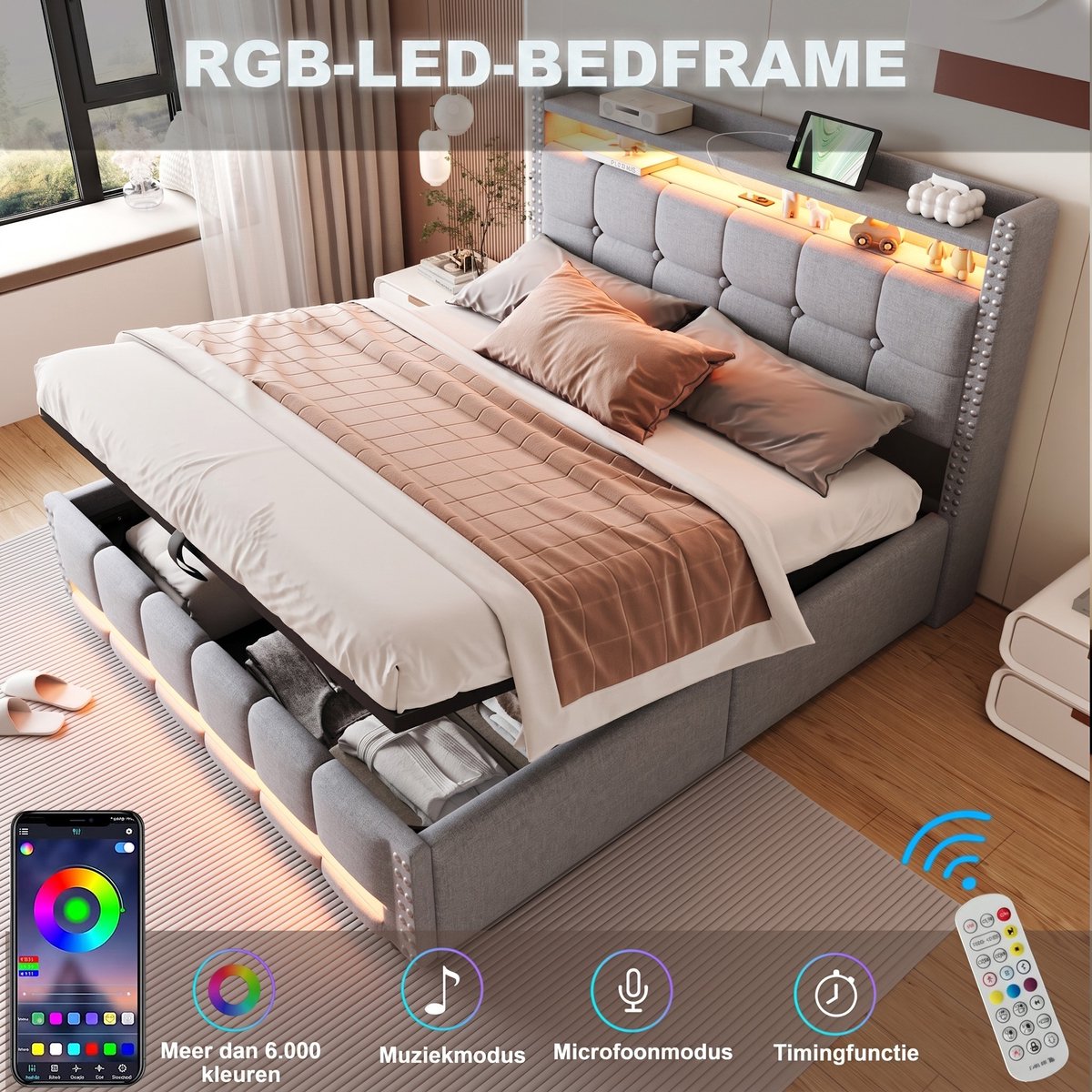 VVBV Bed met opbergruimte 160x200 / Tweepersoonsbed 160x200 – met Hydraulische Opbergruimte, LED-Verlichting, USB, Stopcontact, Lattenbodem – Hoofdbord LIGHT GREY