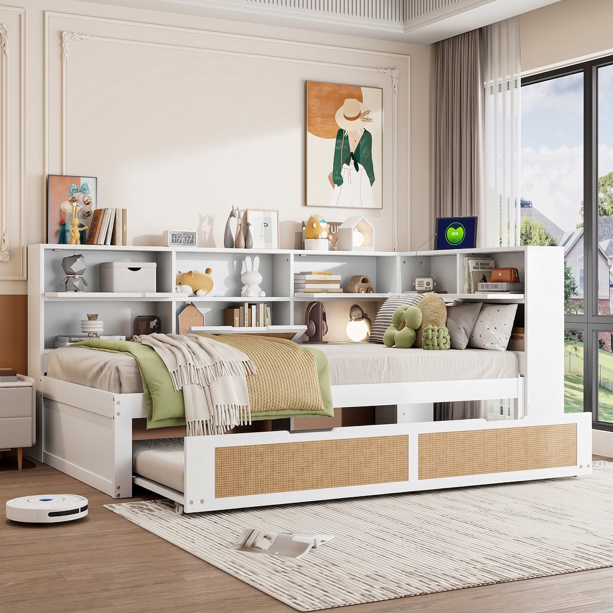 VVBV Slaapbank 1 persoons / Bedbank 90x200 – met Uitschuifbed, Opbergruimte, USB, Stopcontact – Wit – met Uitschuifbed, Opbergruimte en Opbergvakken White