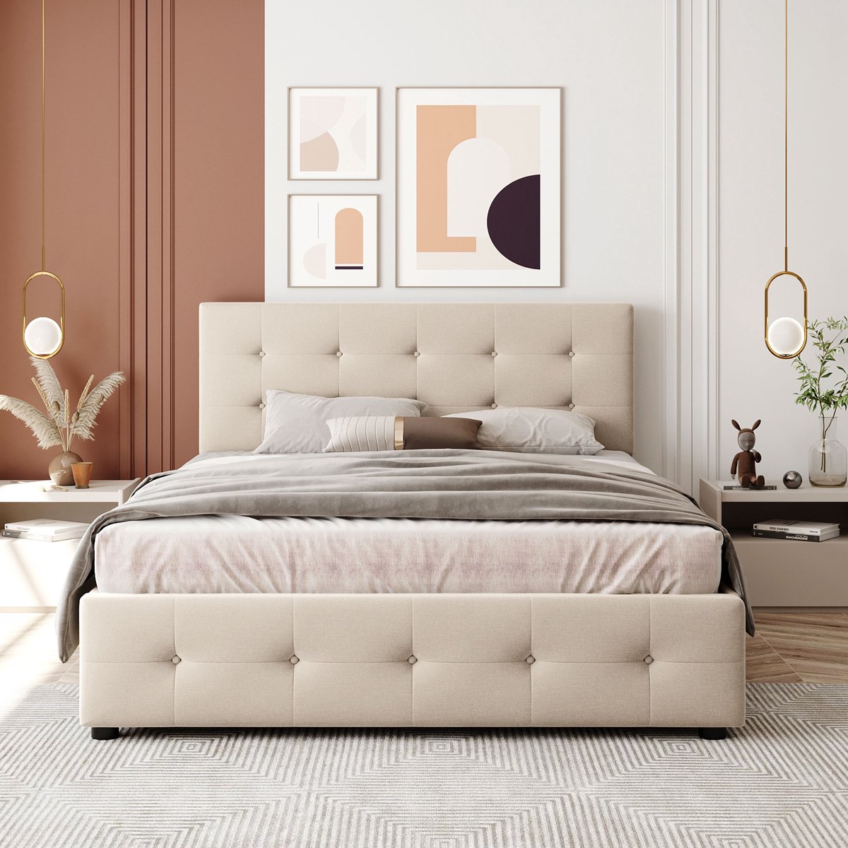 VVBV Gestoffeerd bed 140x200 / Tweepersoonsbed 140x200 – met Opbergruimte, Lades, Lattenbodem – Rugleuning – Fluweel – Beige – Zonder Matras