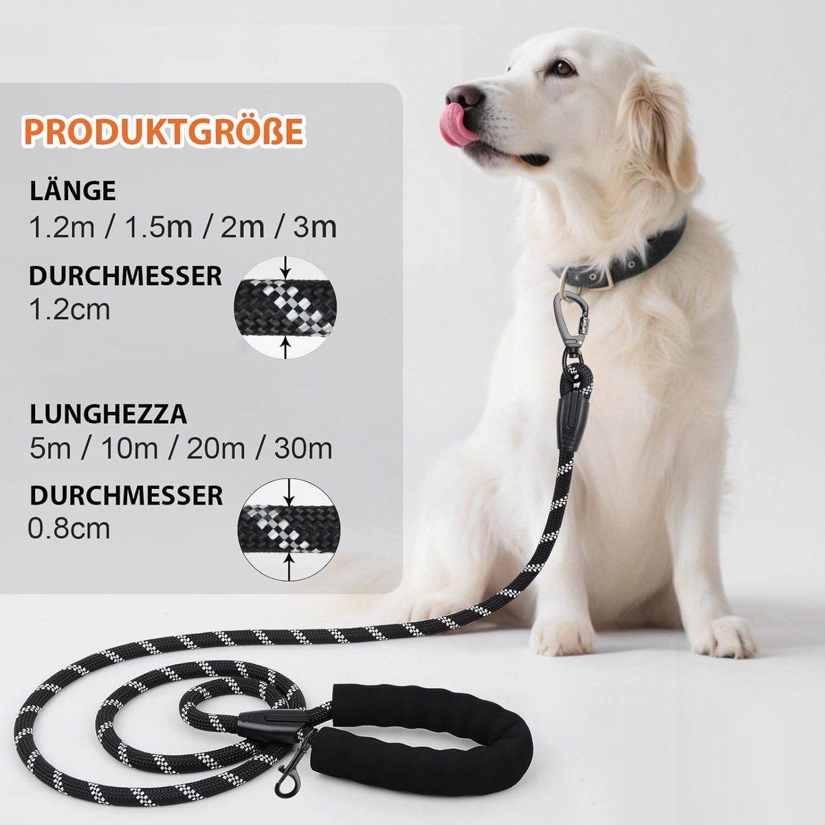 Lange hondenriem, 5m, 10m, 20m, 30m, reflecterend nylon, robuuste hondenriem met gewatteerd handvat, voor grote honden (Zwart, 3M*1CM)