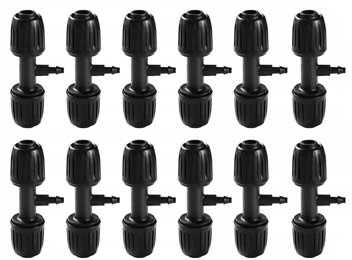 Set van 12 T-vormige slangkoppelingen met weerhaken, geschikt voor slangen van 13/16 mm tot 4/7 mm, T-vormige druppelirrigatiekoppelingen, geschikt voor tuinen en gazons