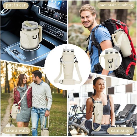 Waterfles Draagtas, Waterfles Houder met Verstelbare Riem & Telefoonvak Geschikt voor Stanley Cup, Geschikt voor Stanley Quencher 40 oz Tumbler, Wandelen, Hiken, Camping, Wit, 24.5 x 11 x 7.5 cm — afbeelding 2
