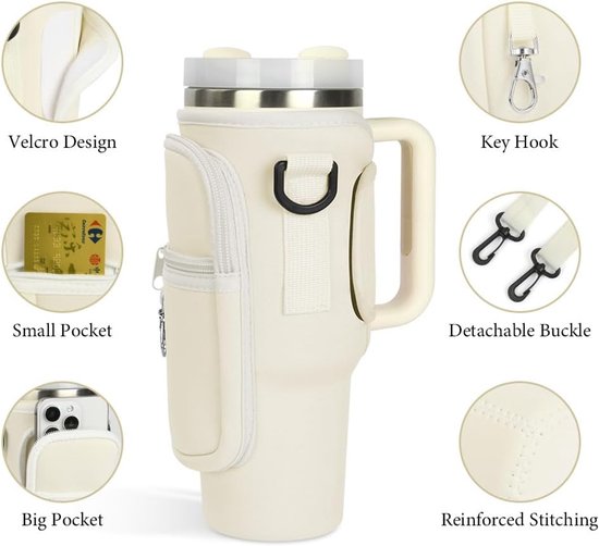 Waterfles Draagtas, Waterfles Houder met Verstelbare Riem & Telefoonvak Geschikt voor Stanley Cup, Geschikt voor Stanley Quencher 40 oz Tumbler, Wandelen, Hiken, Camping, Wit, 24.5 x 11 x 7.5 cm — afbeelding 4